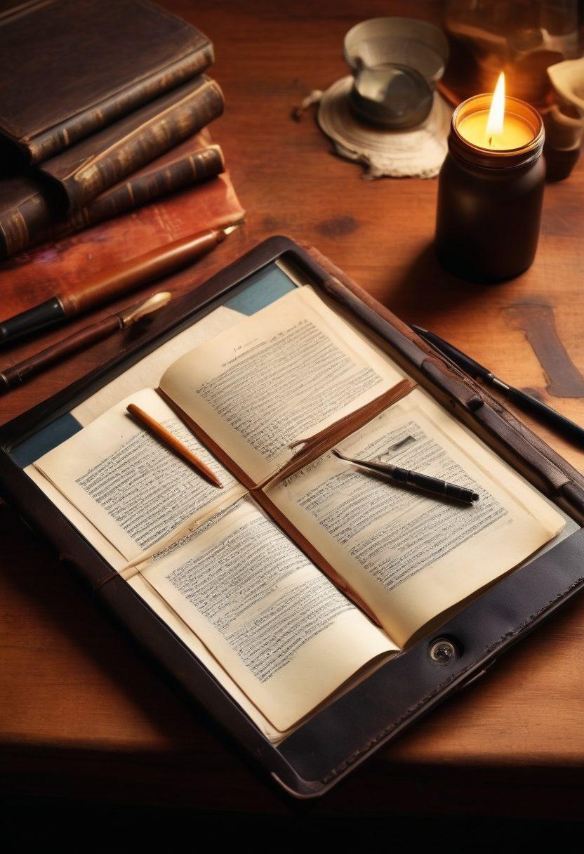 A timeless image of an old leather-bound diary transitioning into a sleek digital tablet, symbolizing the evolution of journalism. The background features a blend of nostalgic writing tools, such as vintage quills and ink pots, merging with modern tech like laptops and phones. Incorporate dynamic elements like flowing ink transforming into digital pixels, highlighting the journey into digital publications. This visual narrative should evoke feelings of nostalgia and innovation. vibrant colors. modern art.