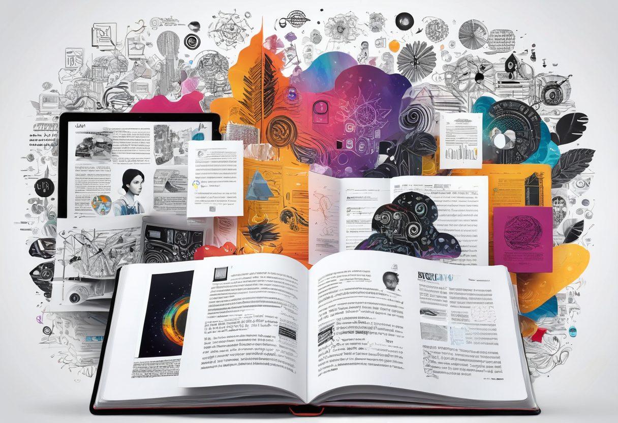 A vivid collage depicting diverse digital journals showcasing innovative storytelling techniques, with elements like interactive graphics, immersive visuals, and multimedia icons. The background should feature abstract representations of creativity and technology merging, symbolizing the future of storytelling. Incorporate glowing screens and colorful pages floating in a digital space. semi-realistic. vibrant colors. white background.