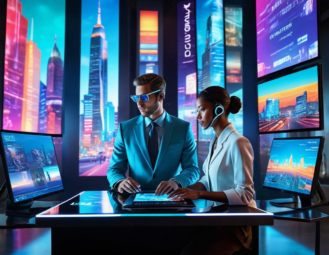 A futuristic journalist surrounded by holographic displays showcasing digital storytelling elements like podcasts, articles, and videos. Incorporate surreal cityscapes in the background filled with towering screens and advanced technology. The journalist looks inspired, typing on a sleek touch interface. Bright and vibrant colors emphasize innovation. Include elements of virtual reality and multimedia. super-realistic. vibrant colors.